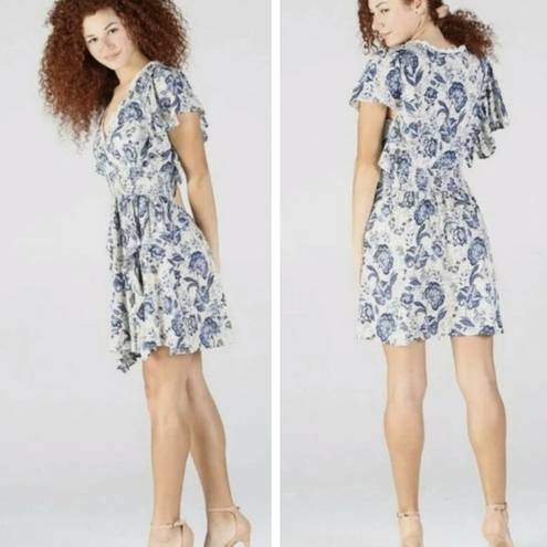 Angie  Smocked Blue V-Neck Floral Flutter Sleeve Summer Sun beach mini dress