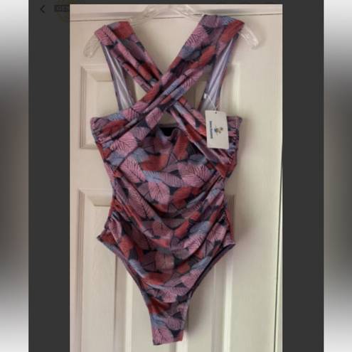 Beachsissi  New Leaf Print Criss Cross One Piece Flattering Slimming Swim Suit XL