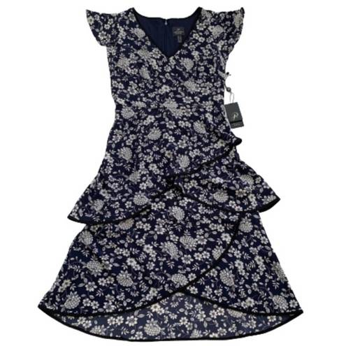 Adrianna Papell  Dress Ditsy Navy Ivory Petunia Tiered Cap Sleeve Dress Size 4