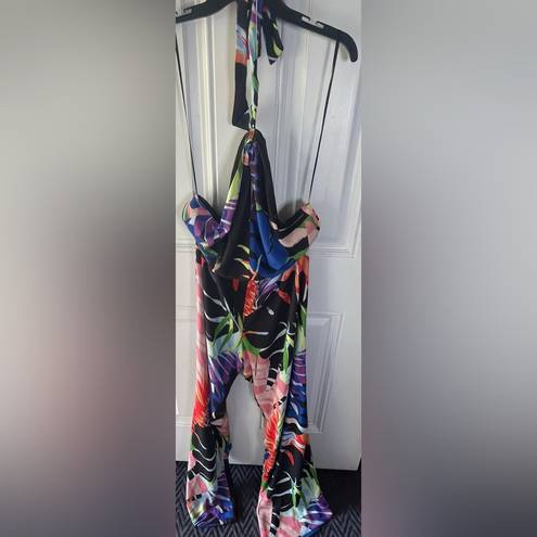 Natori Josie by  NWT Black Leaf Halter Jumpsuit size 16 floral colorful women’s