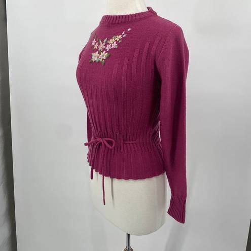 Cinch Vintage 90s Floral Embroidered Sweater Crew Neck Laced  Waist Magenta M