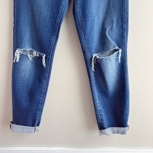 L'Agence L’Agence Mid-Rise Cropped Tapered Leg Distressed Jeans in Blue Denim, Size 24