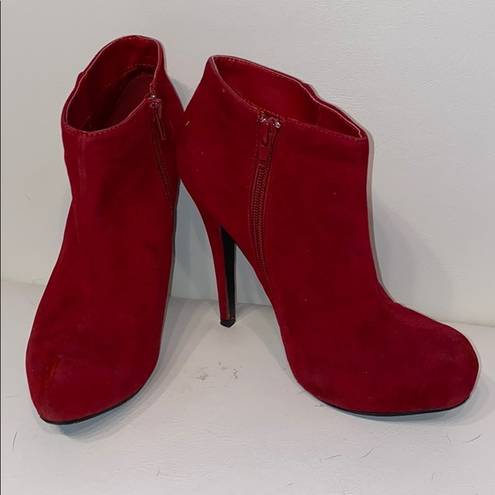 Qupid  Red Faux Suede Ankle Boots