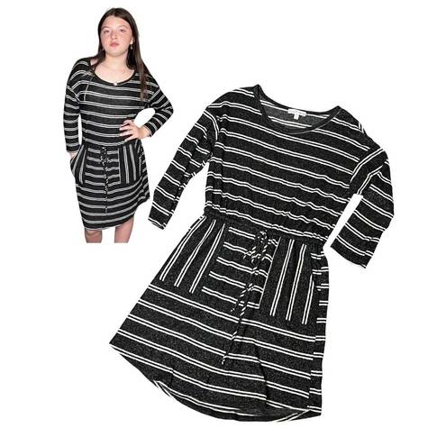 Moa Moa  SWEATER DRESS Womens SM Black White Striped Knit Pockets Tie Waist Belt