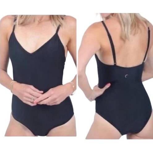 Zyia  Classic One Piece Swimsuit High Leg Cut Strappy V Neck Black Womens Small