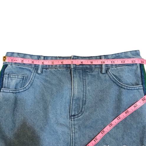 Sans Souci  Denim Skirt Mini skirt rainbow stripe on side 90s vibes