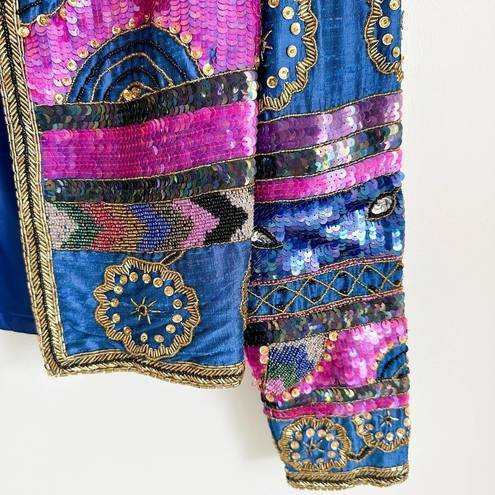 Vintage Blue  Pink Beaded Sequin Silk Blazer Jacket Mardi Gras sz Small