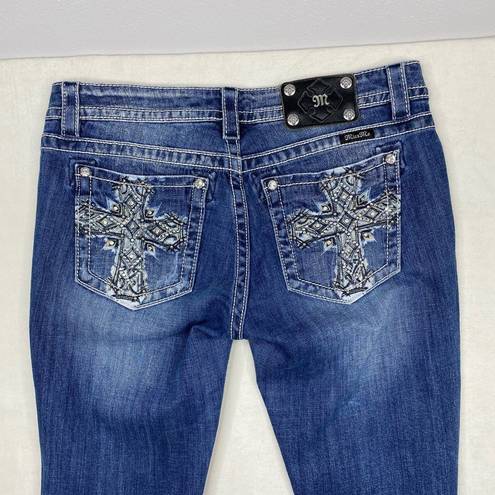 Miss Me Signature Boot Cut Cross Bling Distressed Dark Wash Blue Jean Size 31