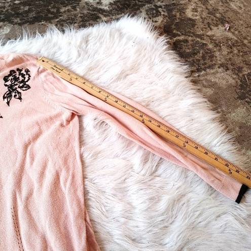 Elle  Size XL Extra Large Light Pink Sweater Beaded Preppy Chic Floral Rose Paste