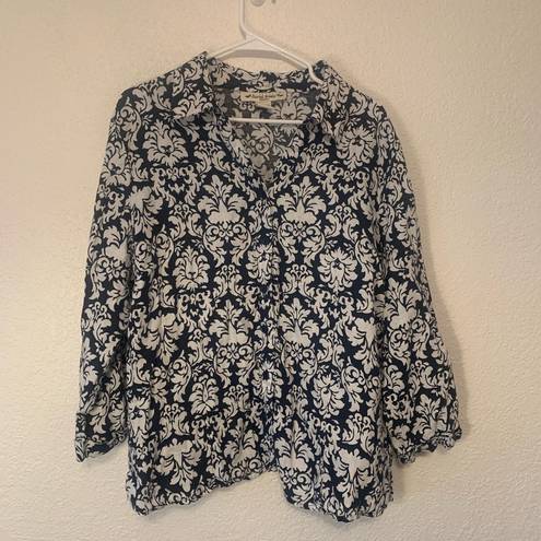 Brooks David  Womam Linen Blouse 2X Navy White Floral Vine Print 3/4 Sleeve