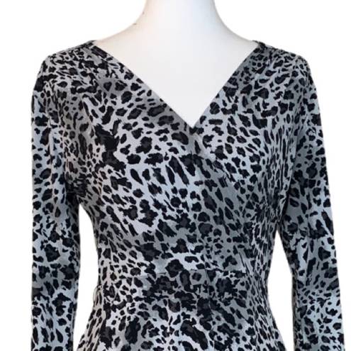 Ellen Tracy Women's Faux Wrap Dress Jersey Black Snow Leopard Size Medium M