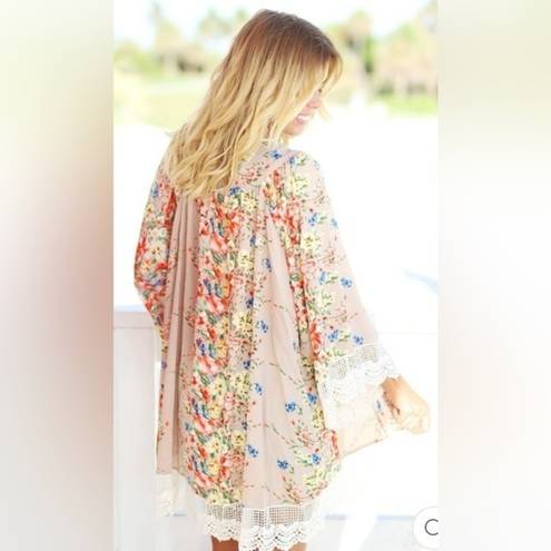 Saved by the Dress Floral Kimono Robe Duster Taupe Tan Size Large Cover Up Boutique