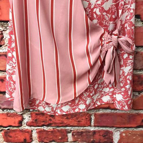 Bobeau Coral and White  Striped with Floral Print Wrap Sleeveless Blouse