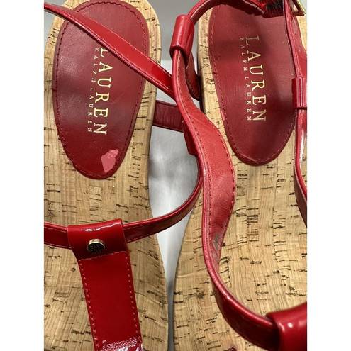 Ralph Lauren LAUREN  Rosalia Red T-Strap Wedge Cork Shoes Women's Size 9B