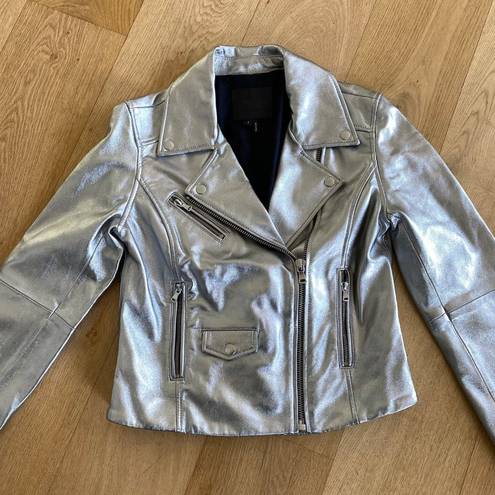 Paige  Ashby Metallic Leather Moto Jacket in Pearlized White/ Silver