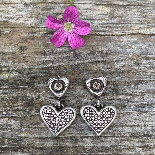 Brighton Authentic  Silver Heart Dangle Earrings with White Crystals. EUC!