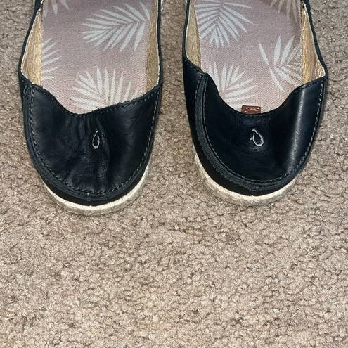 Olukai  Kaula Pa'a 'Ili Leather Slip On Espadrille Flat Black 7.5