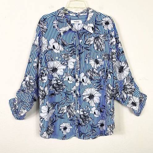 Jones Studio  Blue & White Striped Floral Long Sleeve Button Up Blouse Size 2X