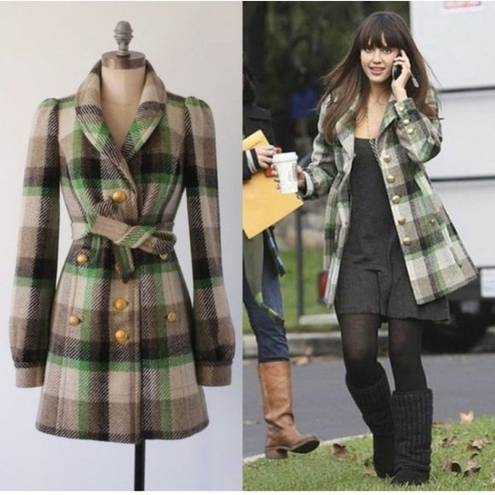 Juicy Couture Classic Wool Plaid Coat, Green and Brown, Size Medium