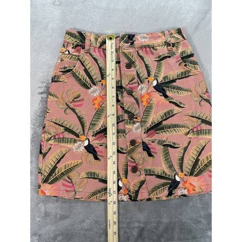 Farm Rio  Anthropologie Button Front Colorful Mini Jean Skirt Palm Trees Size XS