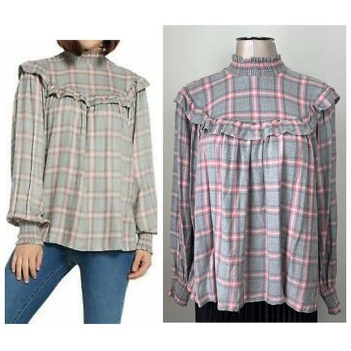 Peace Love World  plaid mock Neck Blouse Top Size M Smocking Detail