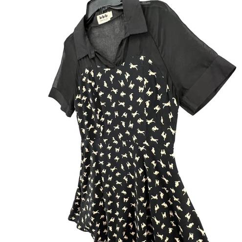 The Row Ducks In A Mini Dress Women L Black Cream Cat Print Short Sleeve Sheer Lined