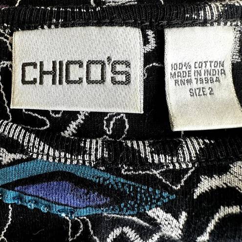 Chico's  Abstract Print Tank Top Round Neck Pullover Sequin Black Blue 2 Large