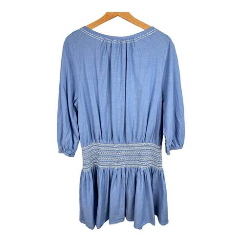 Shoshanna  Womens size Large Chambray Smocked Waist Boho Blue Embroidered Dress