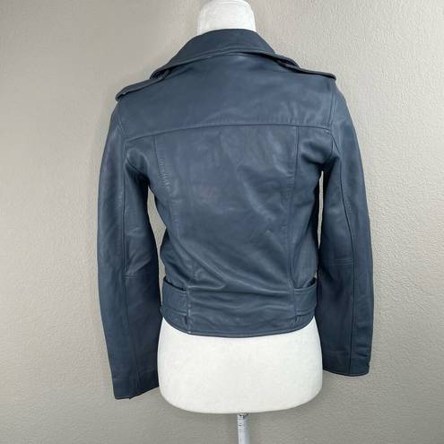 All Saints Balfern Flint Blue Belted Crop Leather Moto Jacket Size 4