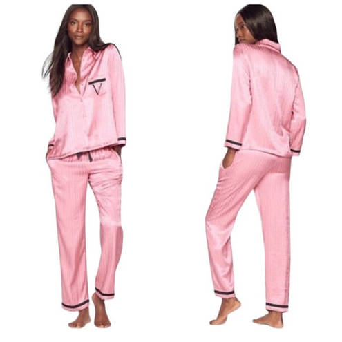 Victoria's Secret  Women's Medium Satin PJ Set Logo V Pink Black & White Striped