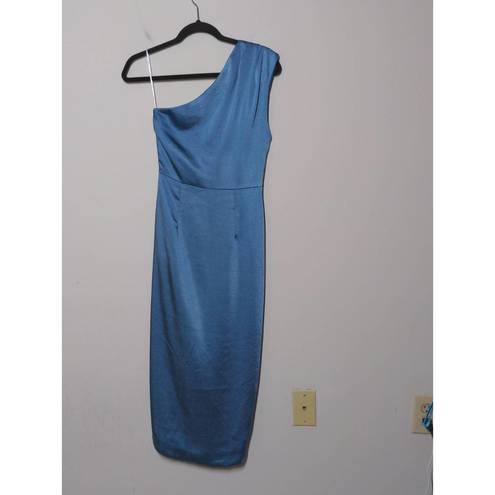 Elliatt  Cassini One Shoulder Party Dress Blue Ruched Drape Lined Midi Slit Zip S