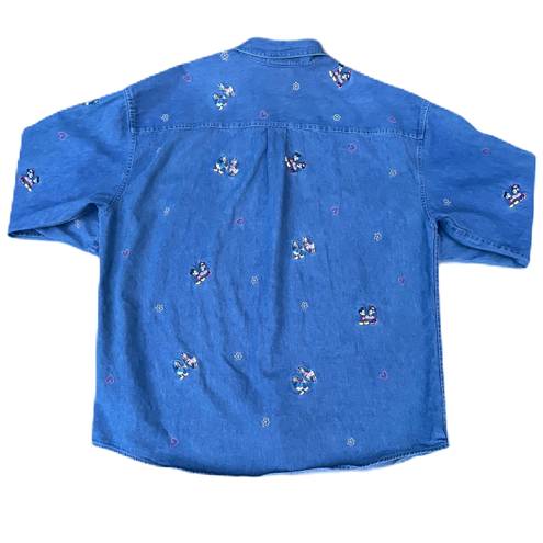 Disney Mickey Mouse Minnie Donald Duck Daisy Blue Denim Floral Button Up T-shirt