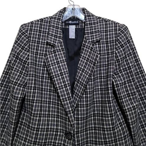 Sag Harbor  Women's  Black Cream Brown Plaid Woolblend Blazer Jacket Sz 8