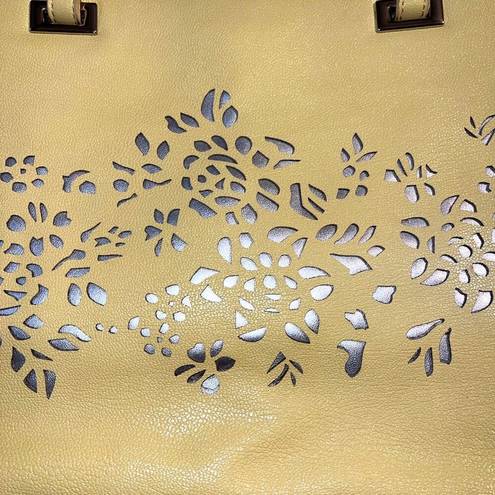 Nine West  Ava Faux Leather Tote Bag Purse Floral Laser Cut Design Yellow Silver