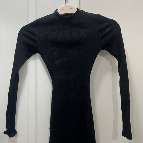 Naked Wardrobe  Black Snatched Ribbed Crewneck Long Sleeve Dress Size XS $68