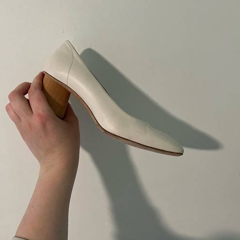 COS  Cream Leather Round Toe Wooden Heel Pumps