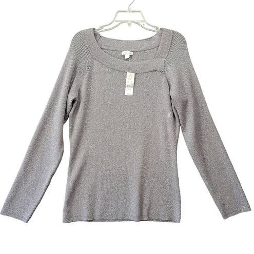 New York & Co. NY&C Women Sweater Size L Gray Glittery Silver Preppy Long Sleeve Metallic Knit