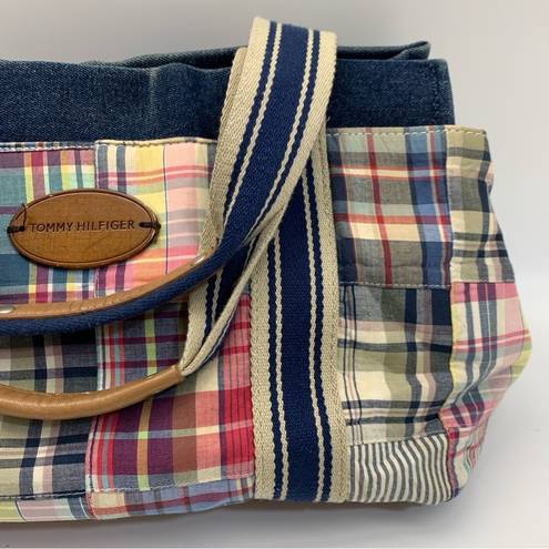 Tommy Hilfiger  Vintage Blue Canvas Denim Plaid Tote Bag