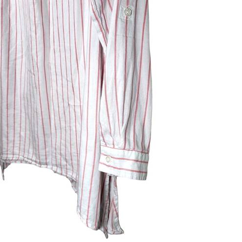 Zac and Rachel  Striped Collared Button Up Roll Tab Sleeves Top in Pink/White