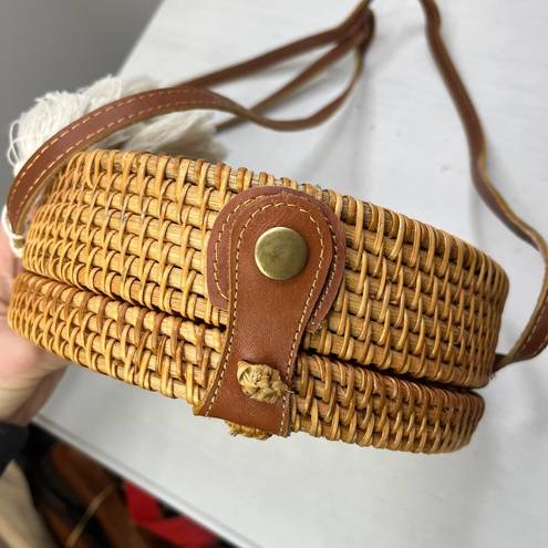 Wicker and Mother of Pearl Woven Crossbody Round Bag