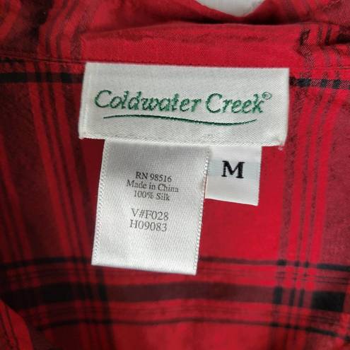 Coldwater Creek  Womens Shirt Size M Red Holiday Plaid Silk Lightweight Button Up