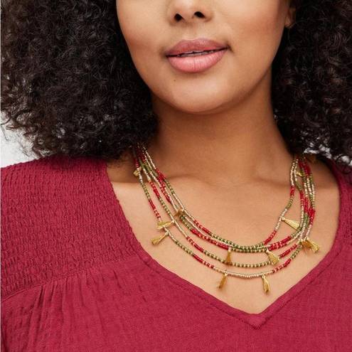 Torrid NEW  Multilayered Beaded Necklace with Tassels Burgundy Olive Gold Boho