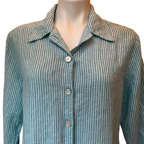 Chico's  Button Front Linen Relaxed Fit Blouse Blue/White Stripe, Sz Large…