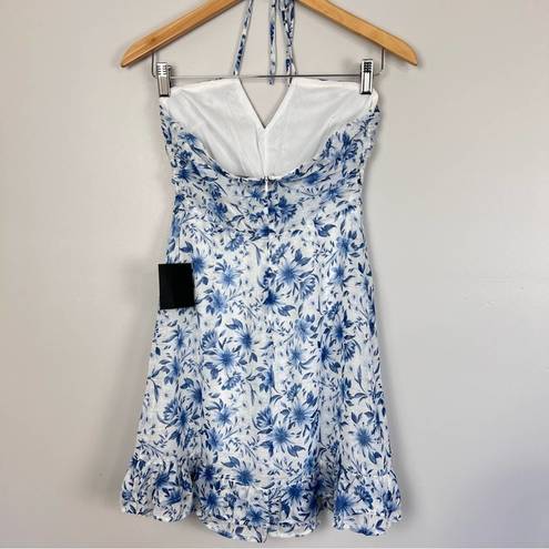 Lulus NEW  Stunning Shine White Blue Floral Print Halter Mini Dress XS NWT