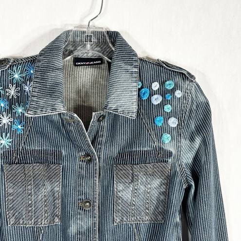 DKNY  Small Jean Jacket Reworked Denim Hand Embroidered Bleached Distressed 509