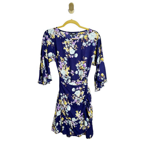 Bobeau B Collection by  Astrid Floral Blue Apron Mini Wrap Dress 3/4 Sleeves XS