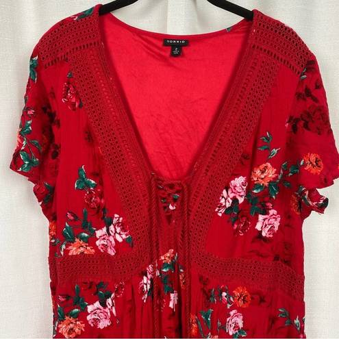 Torrid  Red Floral Gauze Lace Up Skater Dress Sz.2