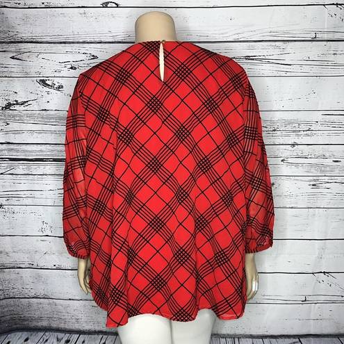 Calvin Klein  NWT Size 3X Red - Black Flocked Velvet Plaid Blouse Top