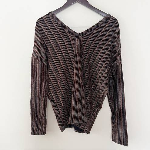 Chaser  Metallic Striped Formal V-neck Blouse Long Sleeves Black/Brown Size Large