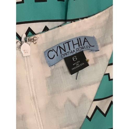 Cynthia Rowley  teal black and white geometric sleeveless 100% cotton size 6 dres